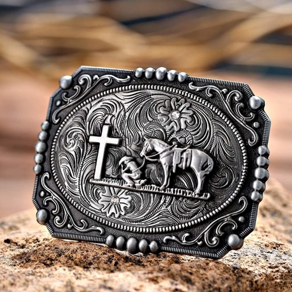 Accessories Beautiful New Detailed Cowboy Kneeling At Cross With Horse Belt Buckle I Have Ot